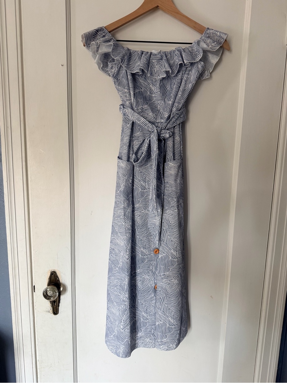 Blue and White Midi Dress with Ruffle Neckline | Off-Shoulder | Summer Events